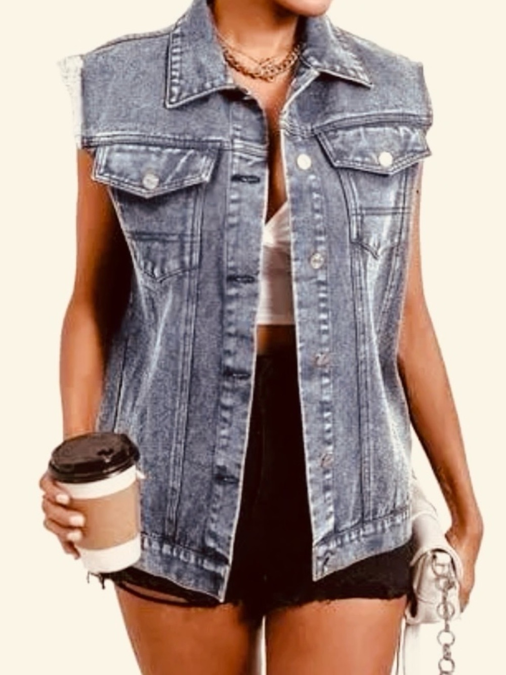 NWT Washed Blue Denim Motorcycle Biker style Vest - Classic Sleeveless Jacket M